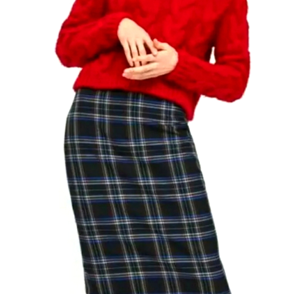Zara Plaid High Waist Midi Pencil Skirt NO BELT S straight tartan black blue